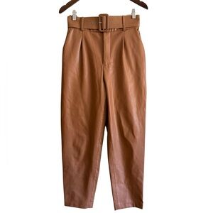 Zara Faux Leather Trousers Brown High Rise Belted Straight Leg Workwear Chic